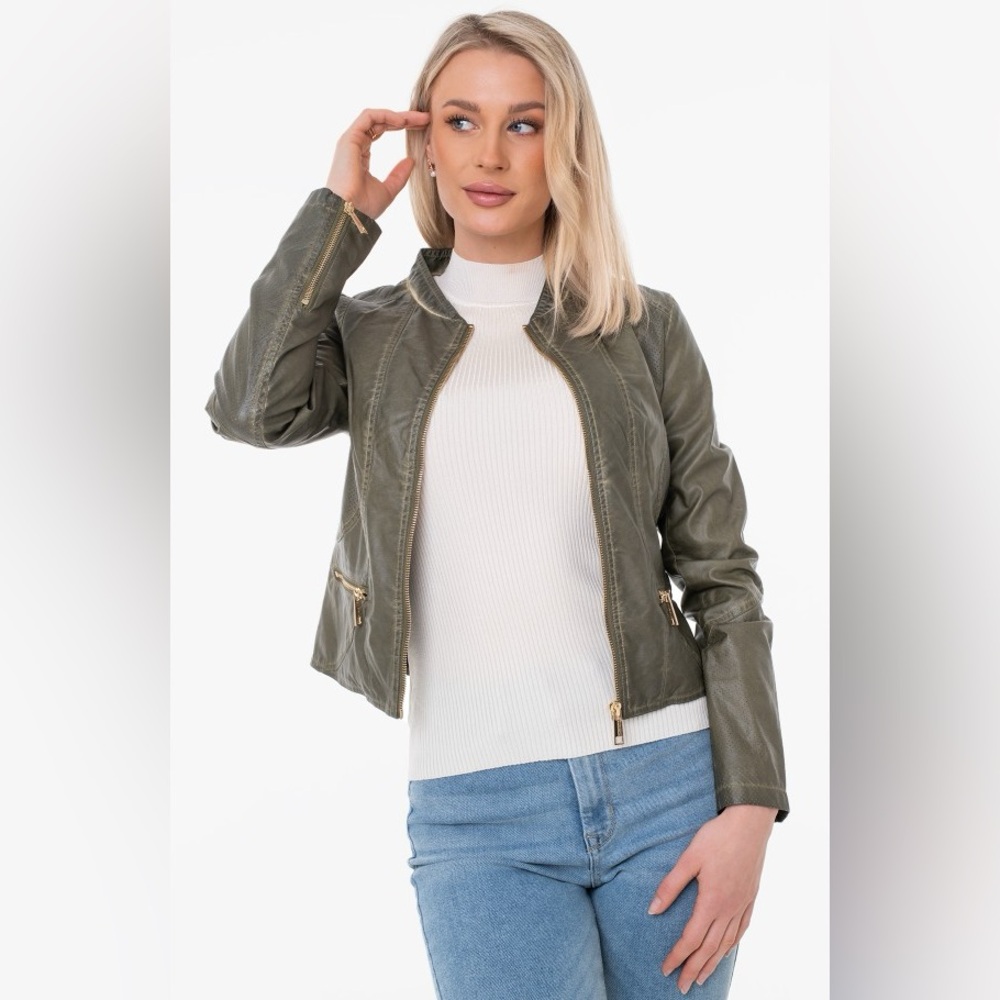 Rino & Pelle Olive Green Moto Jolize Faux Leather Jacket - Size Medium